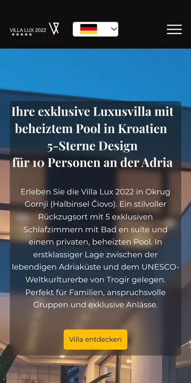 Startseite der Website von Villa Lux 2022 auf dem Handy, Screenshot vom 17.10.2026