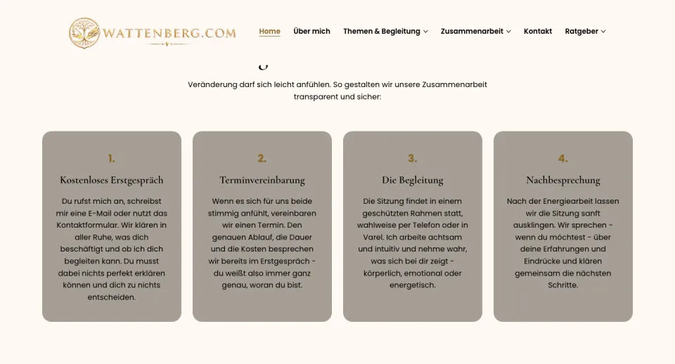 Abschnitt der Startseite mit vier nummerierten Kacheln: Kostenloses Erstgespräch, Terminvereinbarung, Die Begleitung, Nachbesprechung, Screenshot vom 17.10.2026