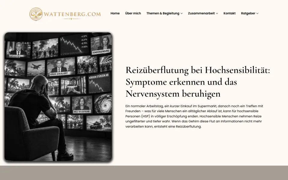 Ratgeberartikel Reizüberflutung bei Hochsensibilität: Symptome erkennen und das Nervensystem beruhigen, links ein Schwarzweißfoto eines Mannes vor vielen Bildschirmen, Screenshot vom 17.10.2026