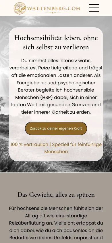 Dieselbe Themenseite auf dem Handy mit Überschrift, Einleitung, dem Knopf Zurück zu deiner eigenen Kraft und dem Zusatz 100 % vertraulich, Screenshot vom 17.10.2026