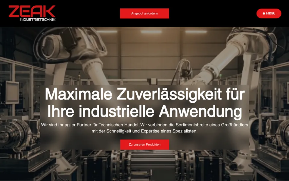 Startseite der Website von ZEAK Industrietechnik am Desktop, Screenshot vom 17.10.2026