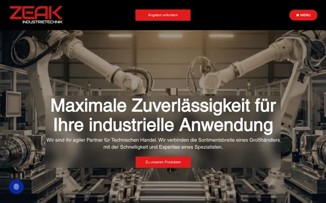 Startseite der Website von ZEAK Industrietechnik am Desktop, Screenshot vom 17.10.2026