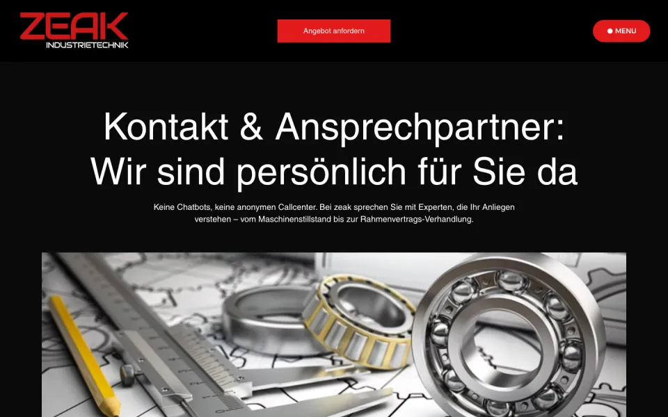 Seite Kontakt und Ansprechpartner am Desktop mit der Überschrift Wir sind persönlich für Sie da, einem Bild von Messschieber und Kugellagern und drei Kontaktkacheln, Screenshot vom 17.10.2026