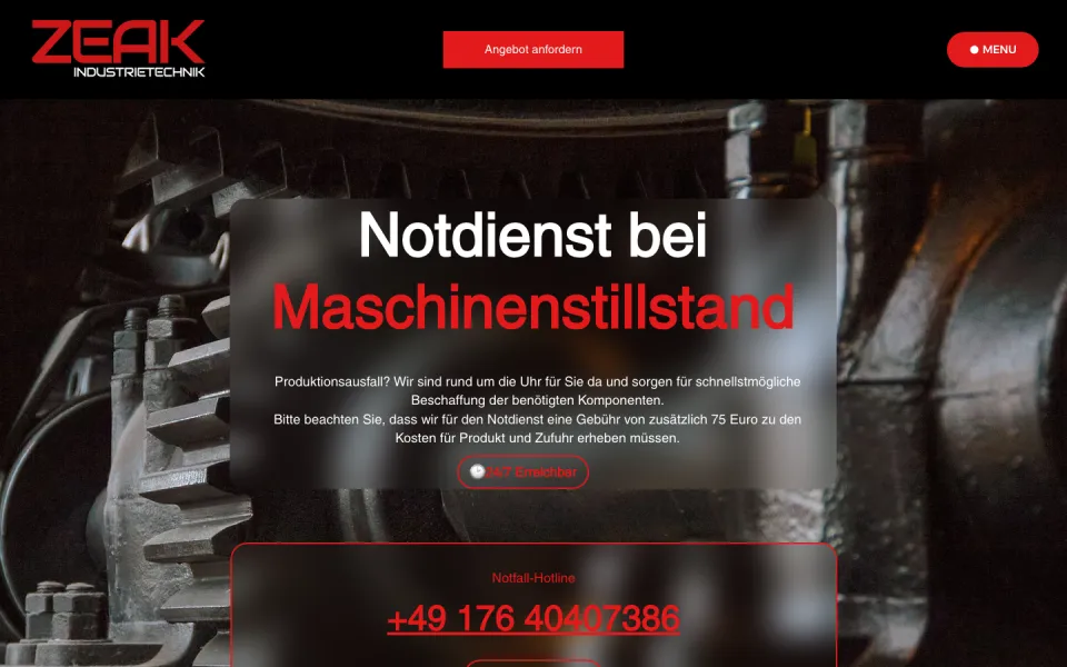 Seite Notdienst bei Maschinenstillstand am Desktop mit Hinweis auf die Zusatzgebühr und der Notfall-Hotline in Rot, Screenshot vom 17.10.2026