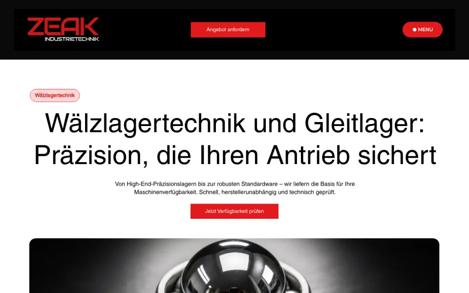 Seite Wälzlagertechnik und Gleitlager am Desktop mit der Überschrift Präzision, die Ihren Antrieb sichert, dem roten Knopf Jetzt Verfügbarkeit prüfen und einem großen Kugellagerbild, Screenshot vom 17.10.2026