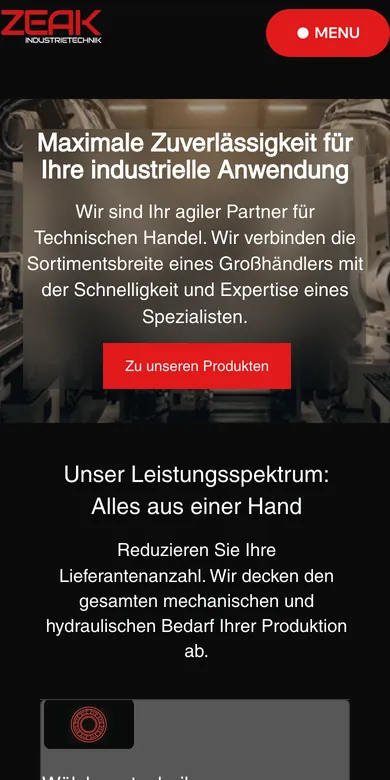 Startseite der Website von ZEAK Industrietechnik auf dem Handy, Screenshot vom 17.10.2026