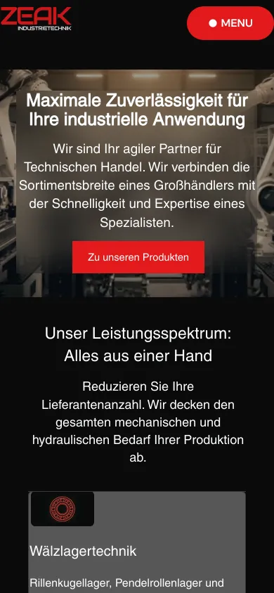 Dieselbe Startseite auf dem Handy mit rotem Knopf Menu, Roboterhalle, Überschrift und dem Knopf Zu unseren Produkten, Screenshot vom 17.10.2026