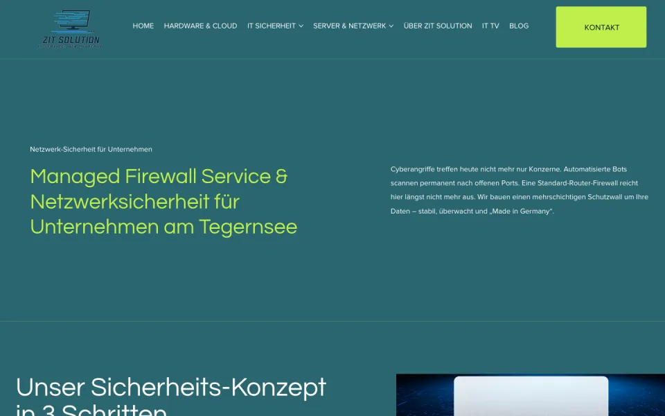 Seite Managed Firewall am Desktop mit der Überschrift Managed Firewall Service & Netzwerksicherheit für Unternehmen am Tegernsee auf petrolfarbenem Grund, Screenshot vom 17.10.2026