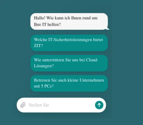 Chatfenster des KI-Assistenten NEO auf der Seite NEO Sicherheitsanalyse: Begrüßung Hallo! Wie kann ich Ihnen rund um Ihre IT helfen?, drei Einstiegsfragen in petrolfarbenen Blasen und ein Eingabefeld Stellen Sie Ihre Frage, Screenshot vom 17.10.2026