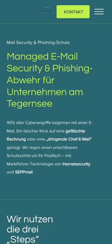 Seite Mail Security auf dem Handy mit der Überschrift Managed E-Mail Security & Phishing-Abwehr für Unternehmen am Tegernsee, Screenshot vom 17.10.2026