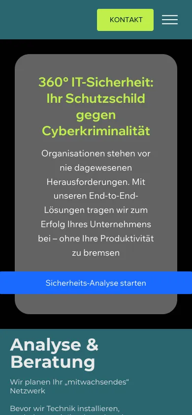 Seite IT-Sicherheit auf dem Handy mit der Überschrift 360° IT-Sicherheit: Ihr Schutzschild gegen Cyberkriminalität, Screenshot vom 17.10.2026