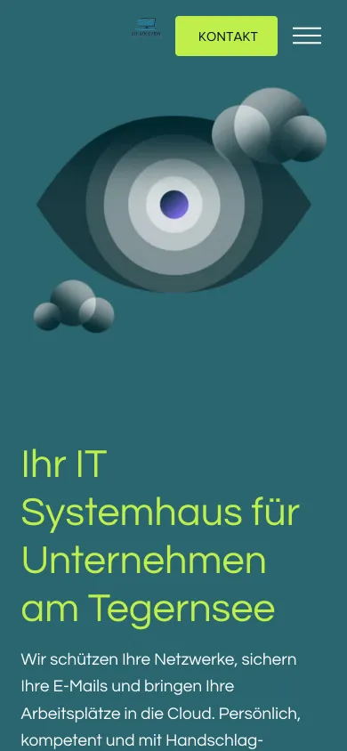 Dieselbe Startseite auf dem Handy mit dem Knopf Kontakt in der Kopfzeile, der Auge-Illustration und der Überschrift, Screenshot vom 17.10.2026