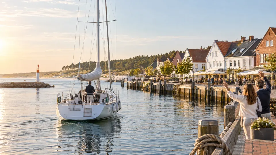 Segelyacht läuft im Abendlicht in einen Hafen ein, an der Promenade mit weißen und roten Backsteinhäusern winken Menschen