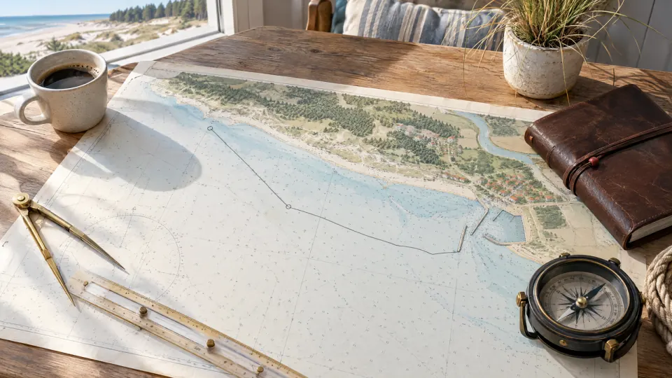 Seekarte mit eingezeichneter Route auf einem Holztisch, daneben Zirkel, Kursdreieck, Kompass, Logbuch und Kaffeetasse