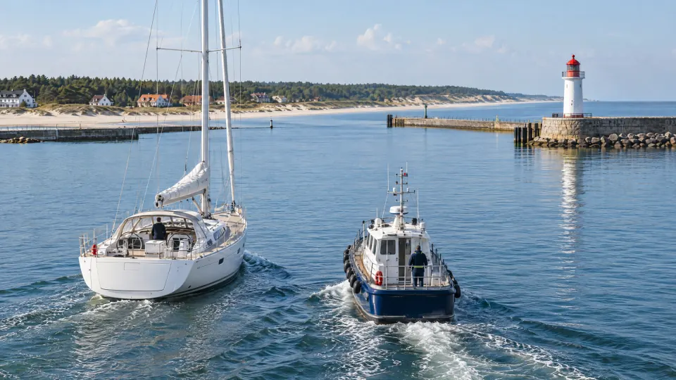 Ein dunkelblaues Lotsenboot begleitet eine weiße Segelyacht in die Hafeneinfahrt mit rot-weißem Leuchtturm