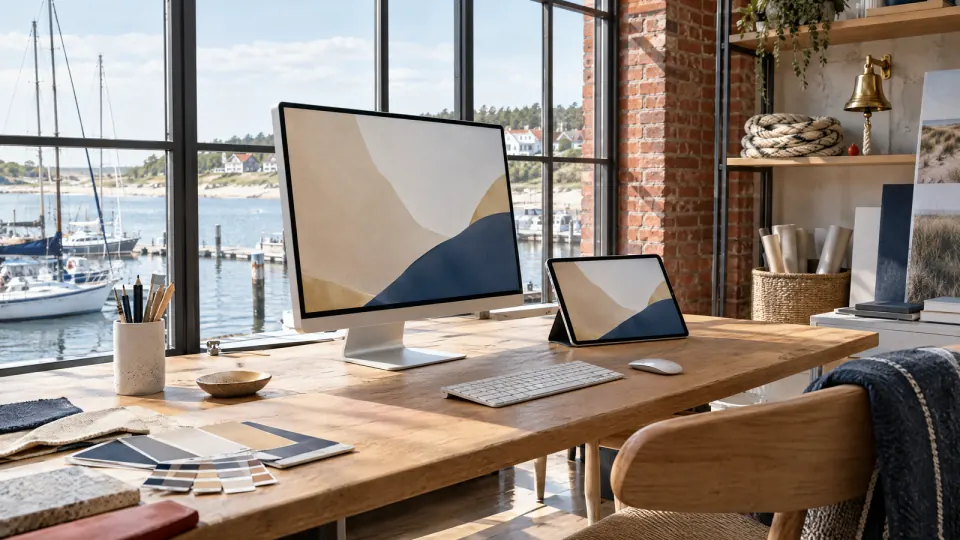 Helles Designstudio in einem Backstein-Speicher mit Bildschirm, Tablet, Farbmustern in Sand, Weiß und Marineblau, dahinter ein Hafenbecken mit Segelbooten