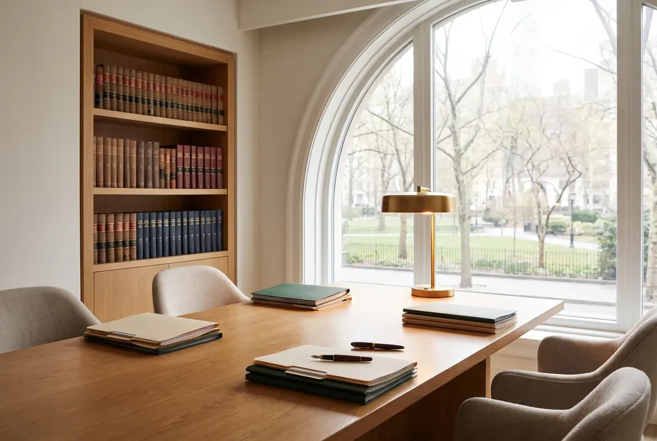 Ruhiger Besprechungsraum einer Kanzlei mit Eichentisch, Akten, Füller, Bücherregal und Messinglampe