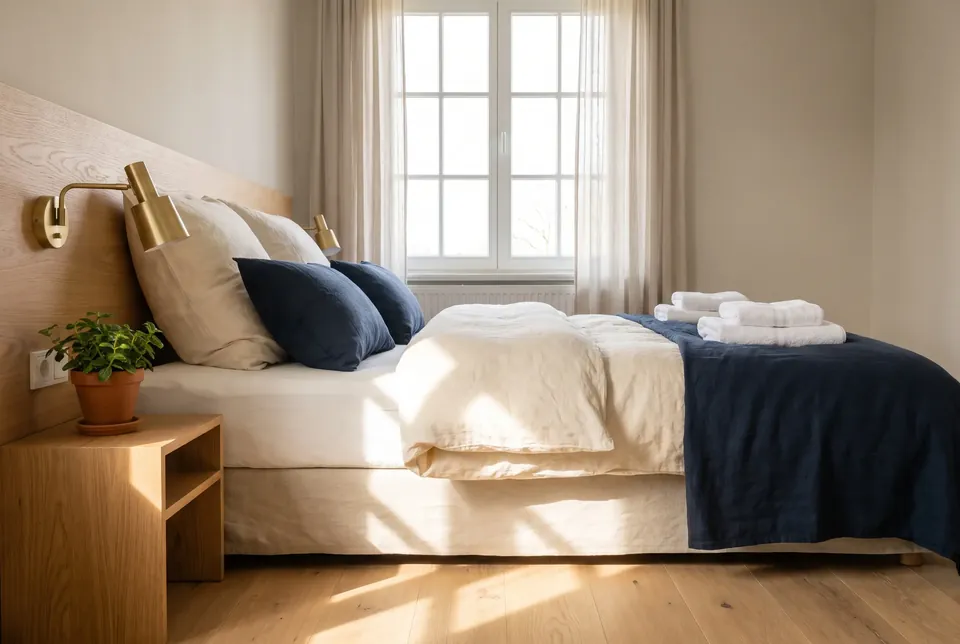 Helles Gästezimmer einer Pension mit Bettwäsche in Weiß und Marineblau, Messinglampe und Morgenlicht