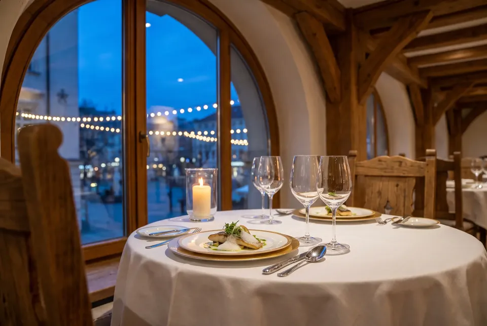 Gedeckter Restauranttisch am Fenster mit Fischgericht, Weingläsern und Kerze am frühen Abend