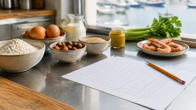 Schälchen mit Mehl, Eiern, Haselnüssen und Sesam, ein Milchkrug, Senf, Sellerie und Garnelen auf einer Küchenarbeitsfläche, davor ein Blatt mit leerer Tabelle und ein Bleistift, im Fenster ein Hafen
