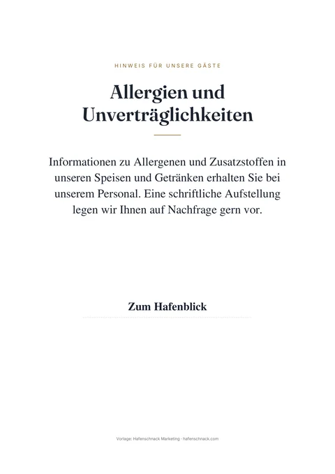Aushang „Allergien und Unverträglichkeiten“ aus der Vorlage mit dem Hinweis, dass das Personal Auskunft gibt