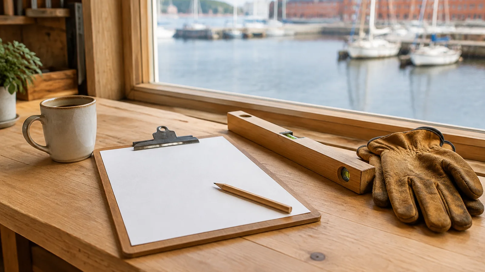 Ein Klemmbrett mit leerem weißem Blatt und ein Zimmermannsbleistift auf einer Werkbank aus Eiche, daneben eine Wasserwaage, Arbeitshandschuhe aus Leder und ein Becher, durch das Fenster ein Hafen mit Segelbooten