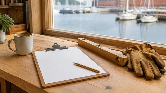Ein Klemmbrett mit leerem weißem Blatt und ein Zimmermannsbleistift auf einer Werkbank aus Eiche, daneben eine Wasserwaage, Arbeitshandschuhe aus Leder und ein Becher, durch das Fenster ein Hafen mit Segelbooten
