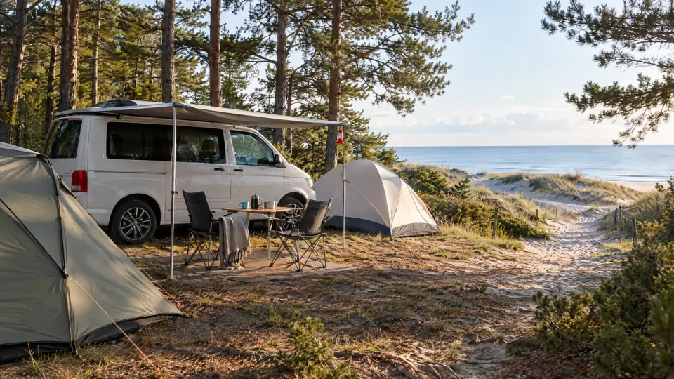 Campingplatz im Kiefernwald hinter den Dünen: weißer Campingbus mit Markise, zwei Zelte und ein Sandweg zum Meer