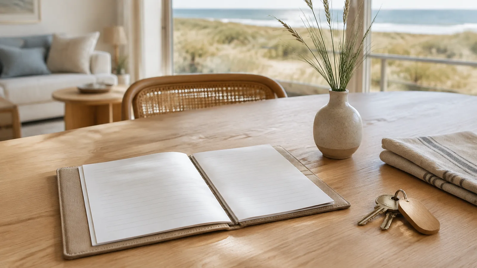 Eine aufgeschlagene Gästemappe mit leeren Seiten auf einem Holztisch, daneben ein Schlüssel mit Holzanhänger, eine Vase mit Dünengras und ein Handtuch, im Fenster Dünen und die Ostsee