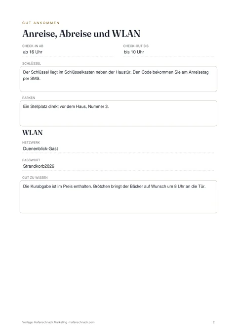 Ausgefülltes Beispiel der Gästemappe, Seite Anreise, Abreise und WLAN mit Check-in-Zeit, Schlüssel, Parken und WLAN-Daten