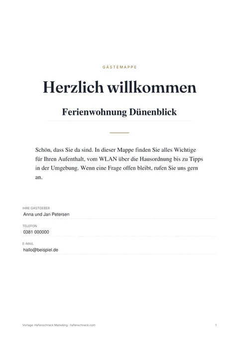 Ausgefülltes Beispiel der Gästemappe, Deckblatt: Herzlich willkommen, Ferienwohnung Dünenblick, Begrüßungstext und Kontakt der Gastgeber