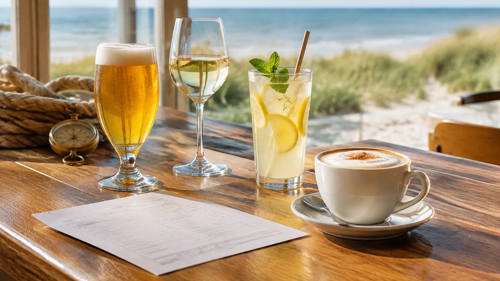 Ein Glas Bier, ein Glas Weißwein, eine Zitronenlimonade und ein Cappuccino auf einer Holztheke, davor eine Getränkekarte, im Hintergrund Dünen und die Ostsee