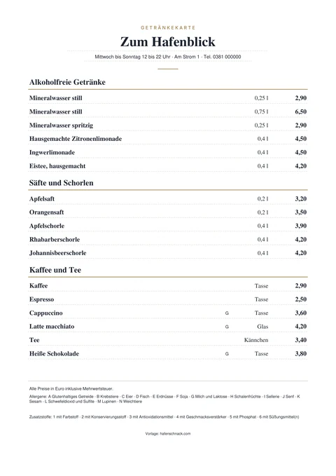 Ausgefülltes Beispiel der Getränkekarte-Vorlage, Seite 1: alkoholfreie Getränke, Säfte und Schorlen, Kaffee und Tee mit Mengen und Preisen