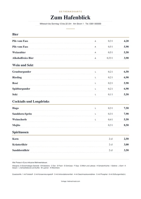 Ausgefülltes Beispiel der Getränkekarte-Vorlage, Seite 2: Bier, Wein und Sekt, Cocktails und Spirituosen mit Mengen und Preisen