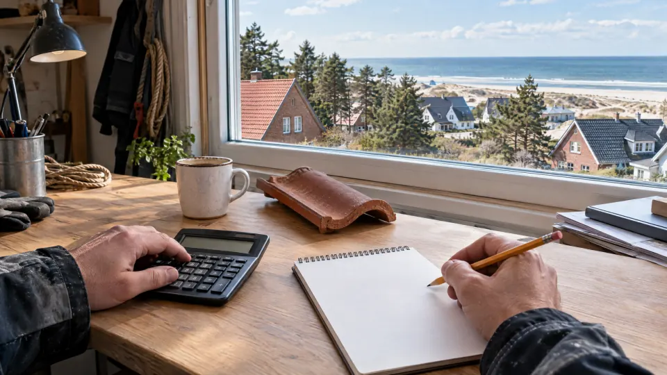 Hände eines Dachdeckers mit Taschenrechner und Bleistift am Schreibtisch, daneben ein Dachziegel und ein Becher Kaffee