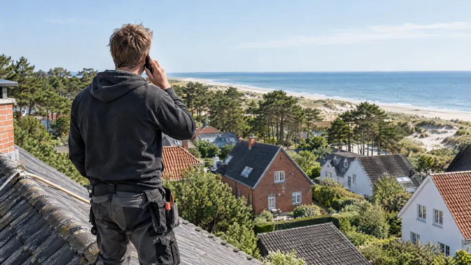 Dachdecker steht von hinten gesehen auf einem Dach und telefoniert, dahinter die Dächer eines Küstenorts und die Ostsee