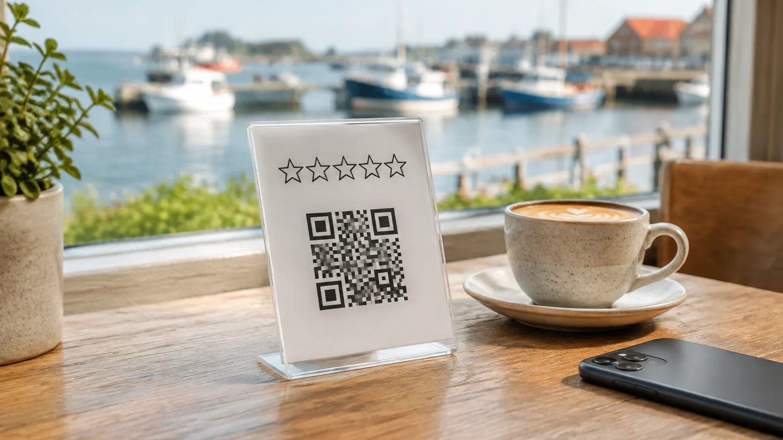 Ein Acrylaufsteller mit fünf Sternen und einem QR-Code auf einem Cafétisch, daneben ein Cappuccino und ein Smartphone, im Hintergrund ein Hafen mit Booten