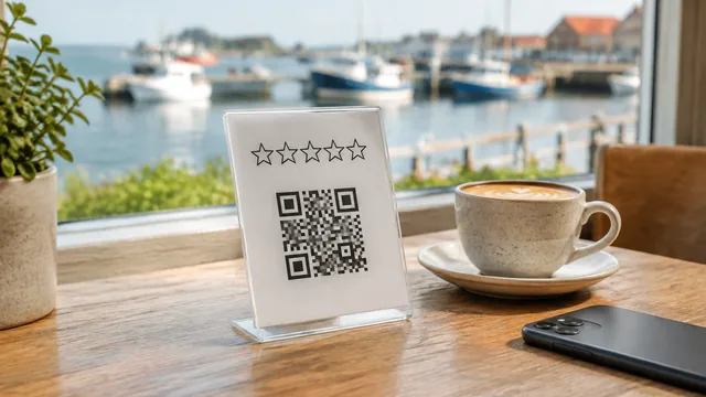Ein Acrylaufsteller mit fünf Sternen und einem QR-Code auf einem Cafétisch, daneben ein Cappuccino und ein Smartphone, im Hintergrund ein Hafen mit Booten