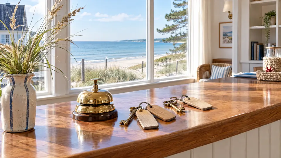 Empfangstresen einer Pension mit Messingklingel und Zimmerschlüsseln, durch das Fenster Strand und Ostsee