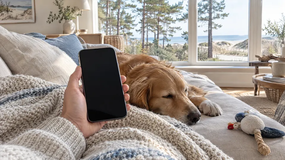 Eine Hand hält auf dem Sofa ein Smartphone mit dunklem Bildschirm, daneben liegt ein Hund, durchs Fenster Kiefern