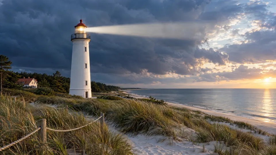 Leuchtturm an der Ostseeküste in der Abenddämmerung, sein Lichtstrahl fällt durch abziehende Gewitterwolken