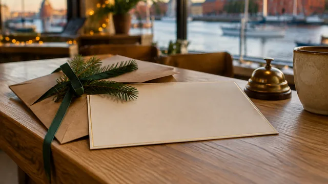 Ein leerer cremefarbener Gutschein mit Goldrand neben einem Umschlag aus Packpapier mit grüner Schleife und Tannenzweig auf einem Holztresen, im Hintergrund ein Hafen mit Backsteinspeichern