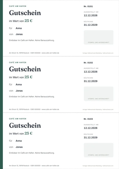 Ausgefülltes Beispiel aus dem Generator: drei Gutscheine vom Café am Hafen über 25 Euro mit den Nummern 0101 bis 0103