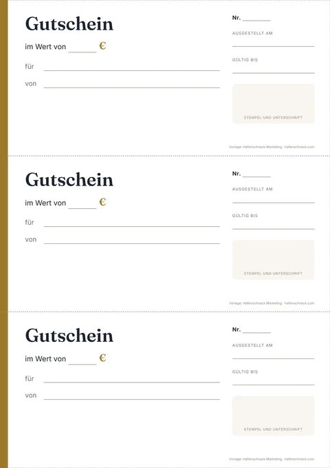 Gutschein-Vorlage zum Ausdrucken: drei leere Gutscheine im Format DIN lang auf einem A4-Blatt, mit Linien für Betrag, Empfänger, Nummer und Datum