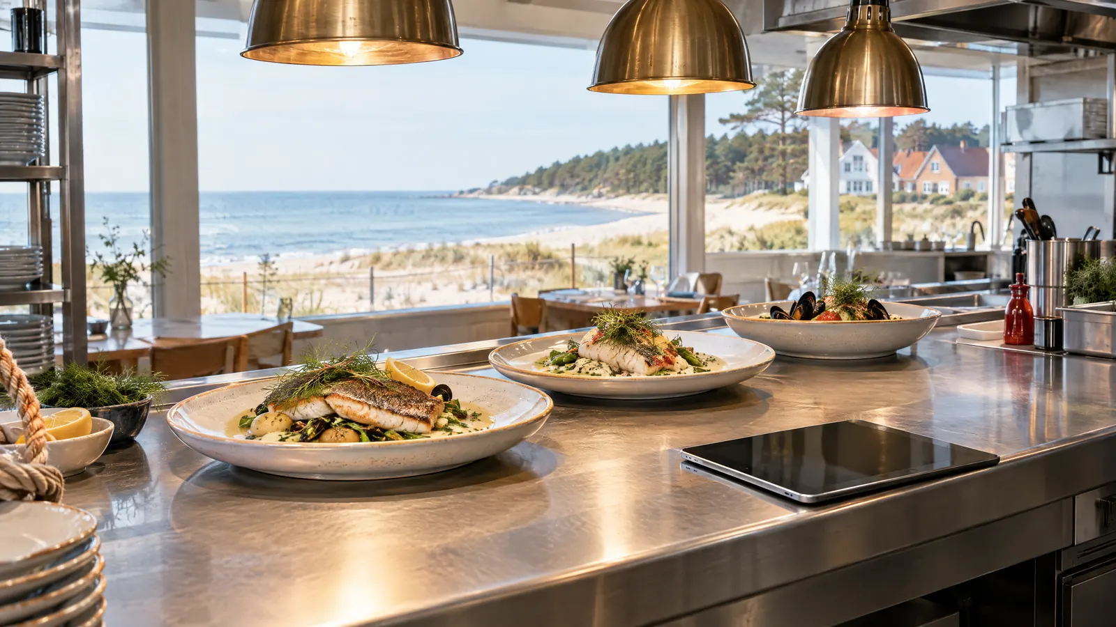 KI in der Gastronomie: Küchenpass mit drei angerichteten Fischgerichten und einem Tablet unter Messinglampen, durchs Fenster Strand und Dünen