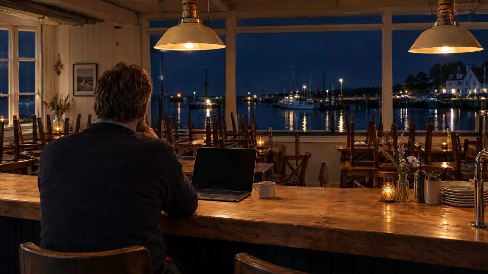 Gastronom von hinten nach Feierabend am Tresen vor einem Laptop mit dunklem Bildschirm, Stühle stehen auf den Tischen