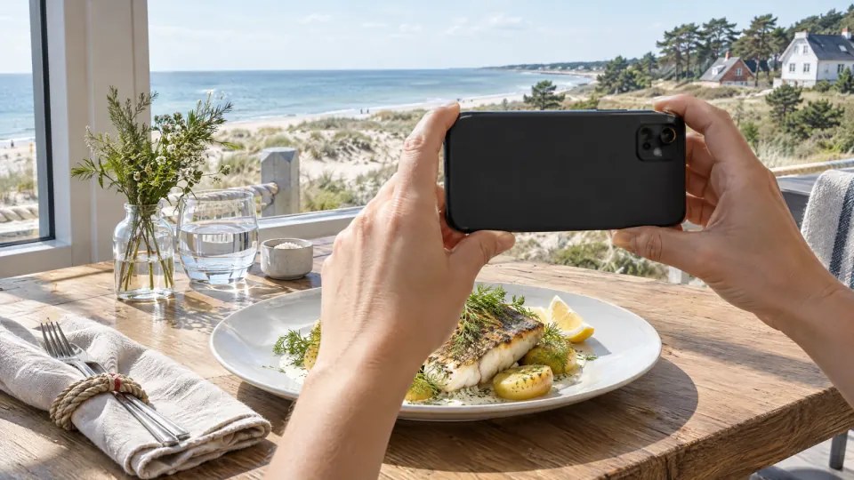 Zwei Hände fotografieren mit dem Smartphone ein Fischgericht am Fenster bei Tageslicht, draußen Dünen und Meer