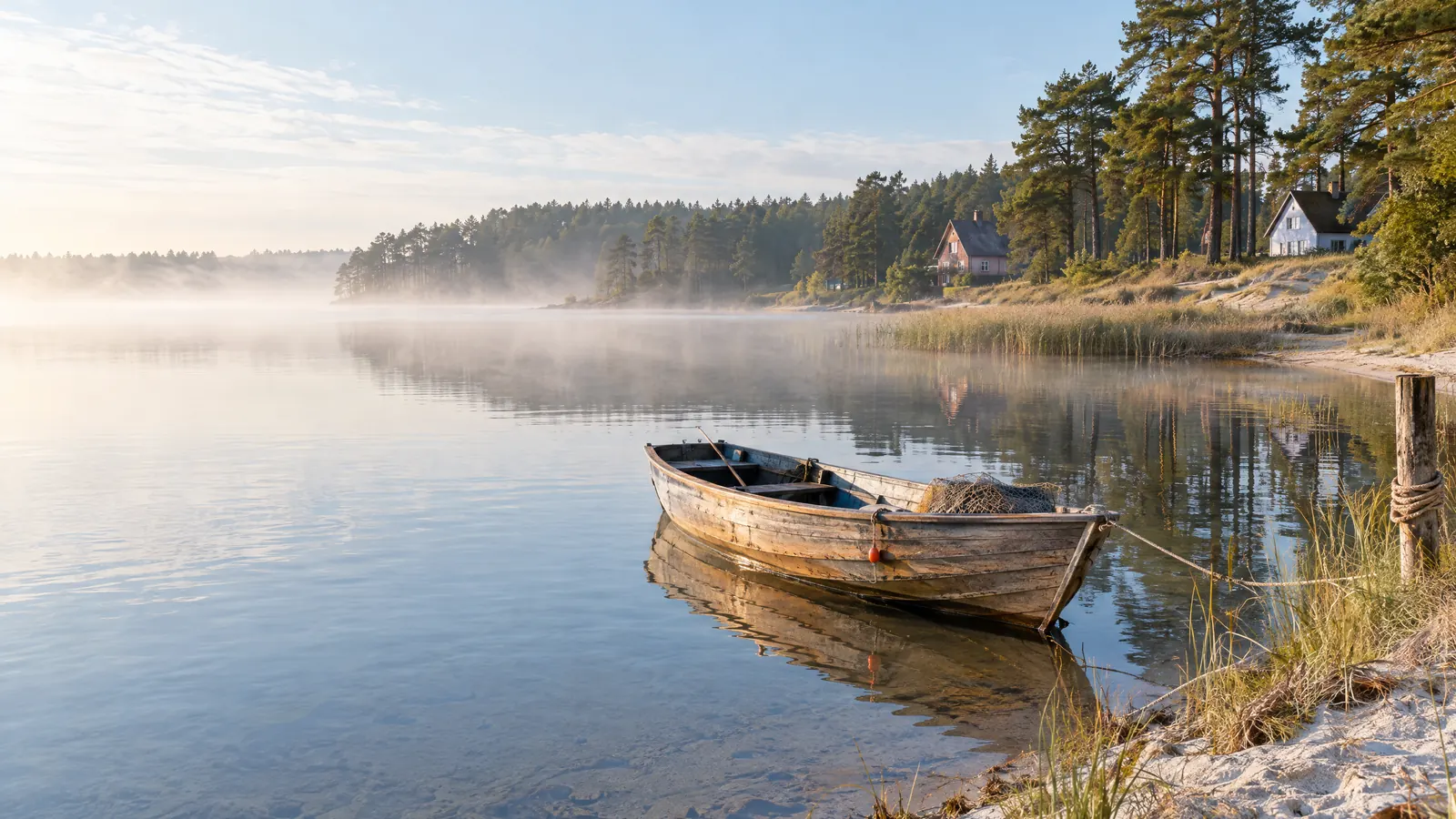 Altes Ruderboot mit Fischernetz an einem stillen Ufer im Morgennebel, dahinter Kiefern und zwei helle Häuser