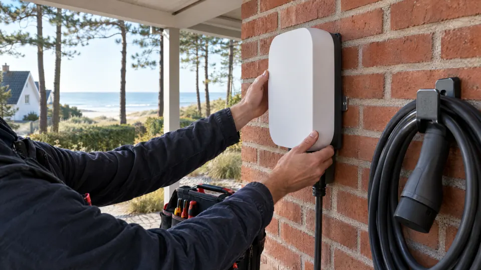 Hände eines Elektrikers montieren eine Wallbox an der Backsteinwand eines Carports