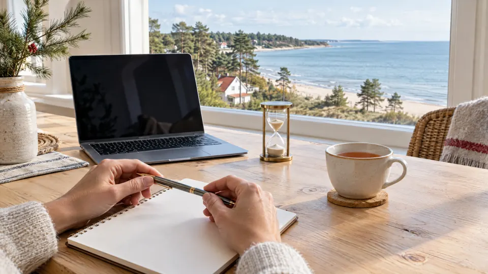 Hände mit Stift über einem Notizblock, daneben ein aufgeklappter Laptop mit dunklem Bildschirm und eine Sanduhr
